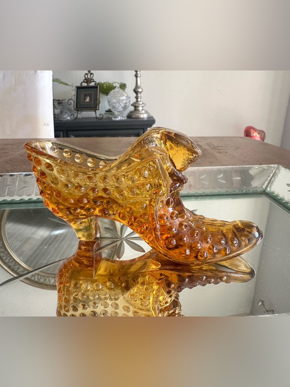 Vintage Fenton Amber Hobnail Boot/Slipper with Cat Head Glass Figurine